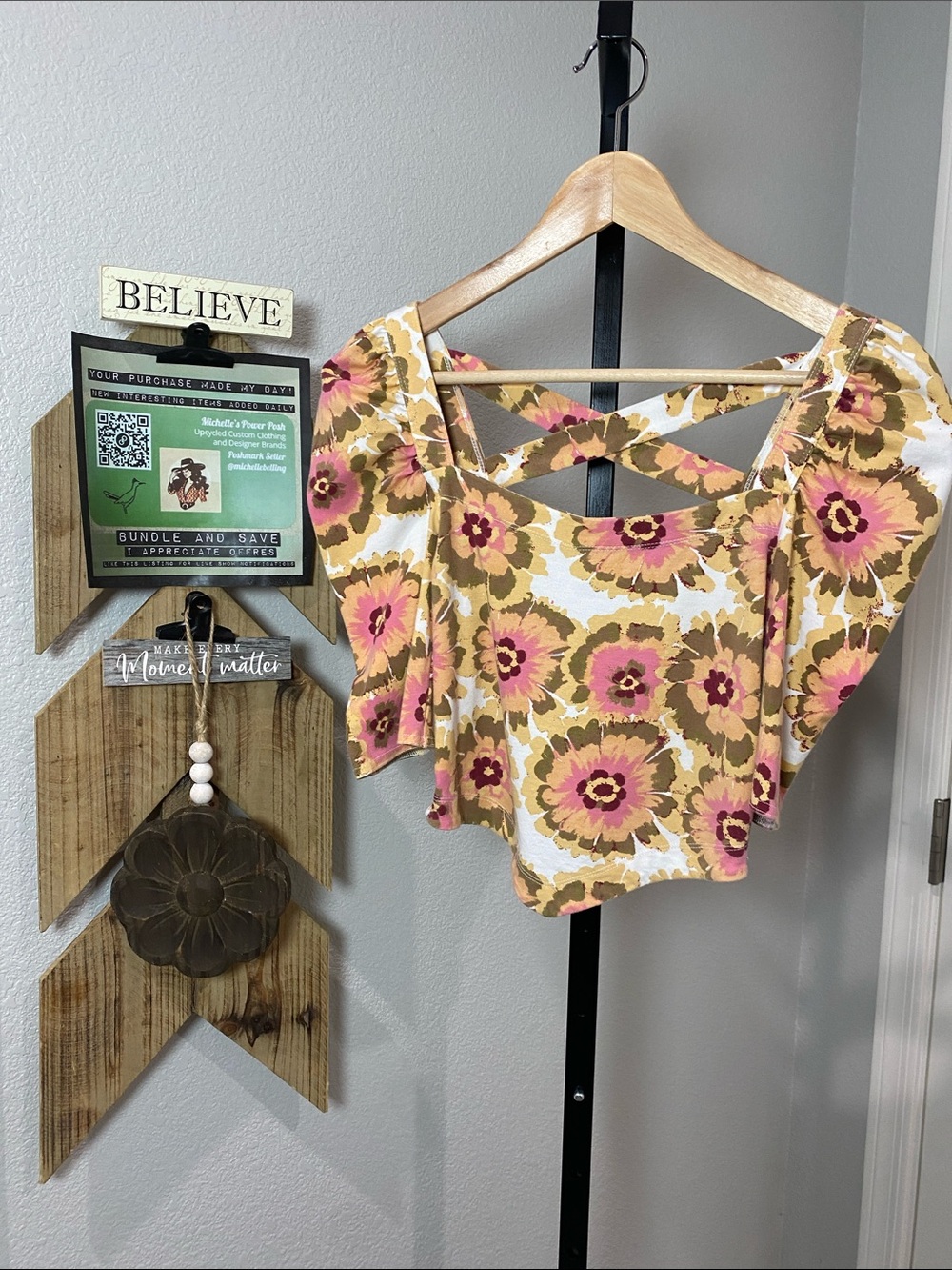 Free People Pink & Mustard Floral Square-Neck Crop Top